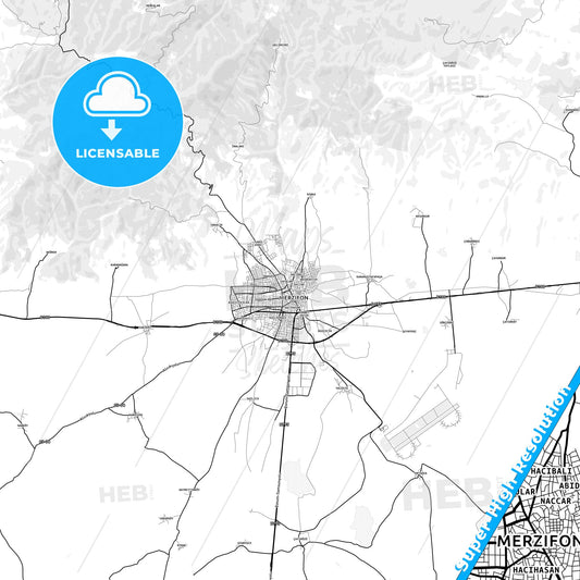 Merzifon, Turkey light map with streetnames, citynames and districts