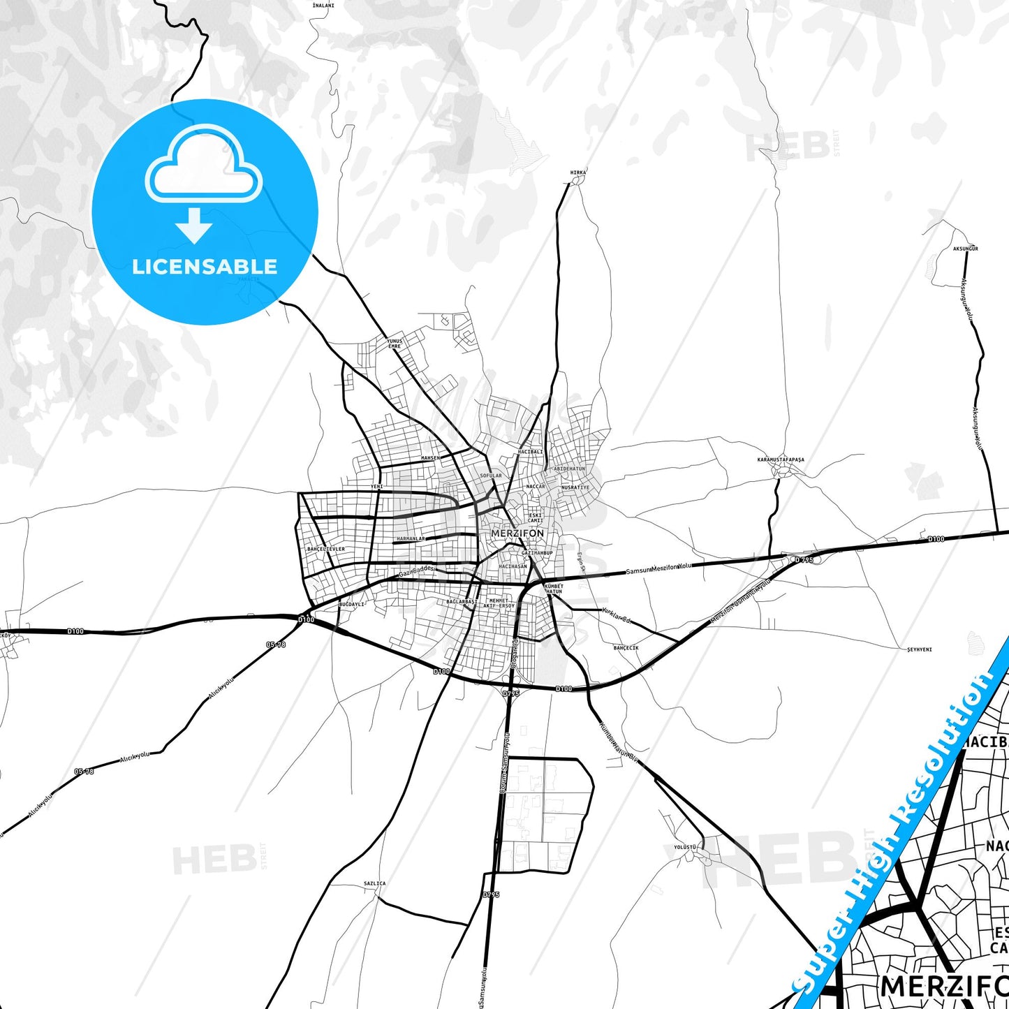 Merzifon, Turkey Light Map with Street Names, City Names, and Districts