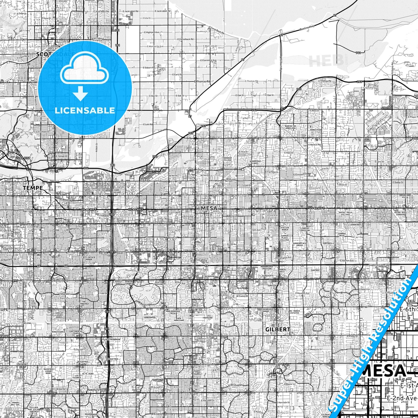 Mesa, Arizona light map with streetnames, citynames and districts