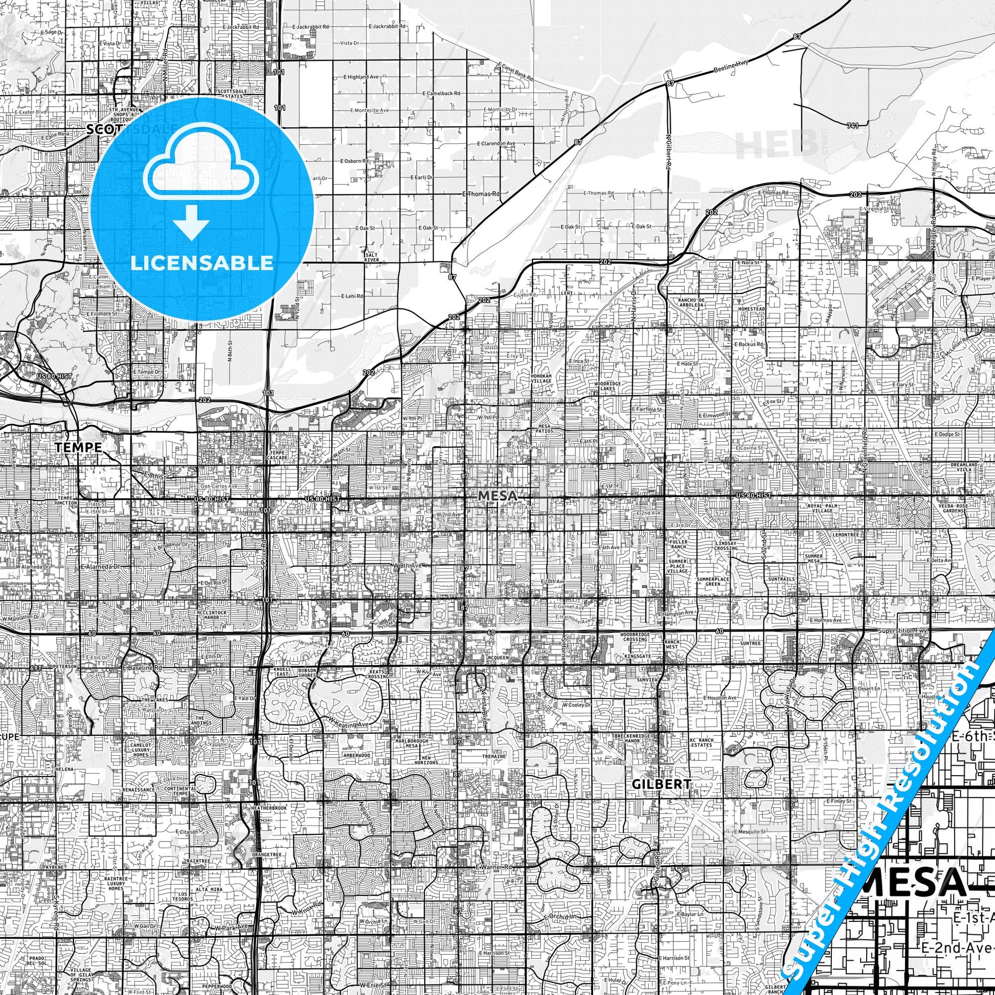 Mesa, Arizona light map with streetnames, citynames and districts