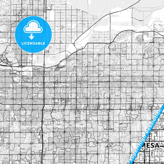 Mesa, Arizona light map with streetnames, citynames and districts