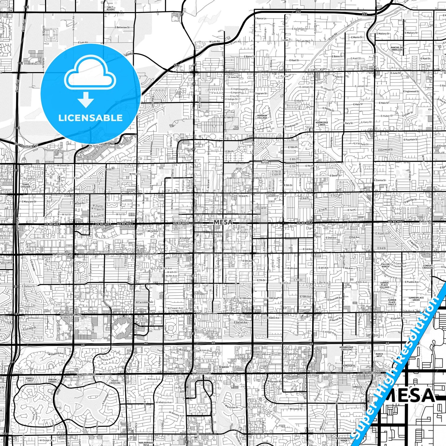 Mesa, Arizona Light Map with Street Names, City Names, and Districts