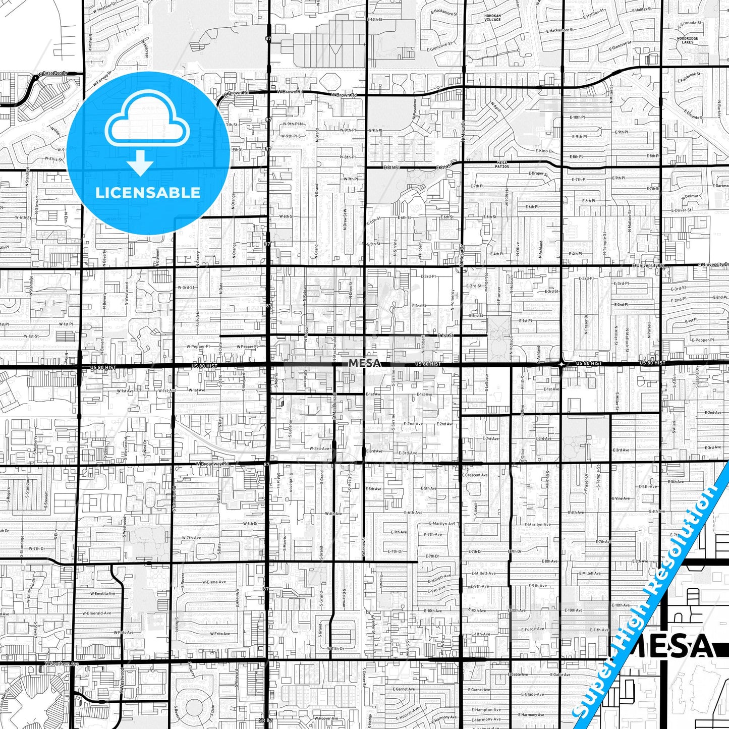 Mesa, Arizona Light Map with Street Names, City Names, and Districts