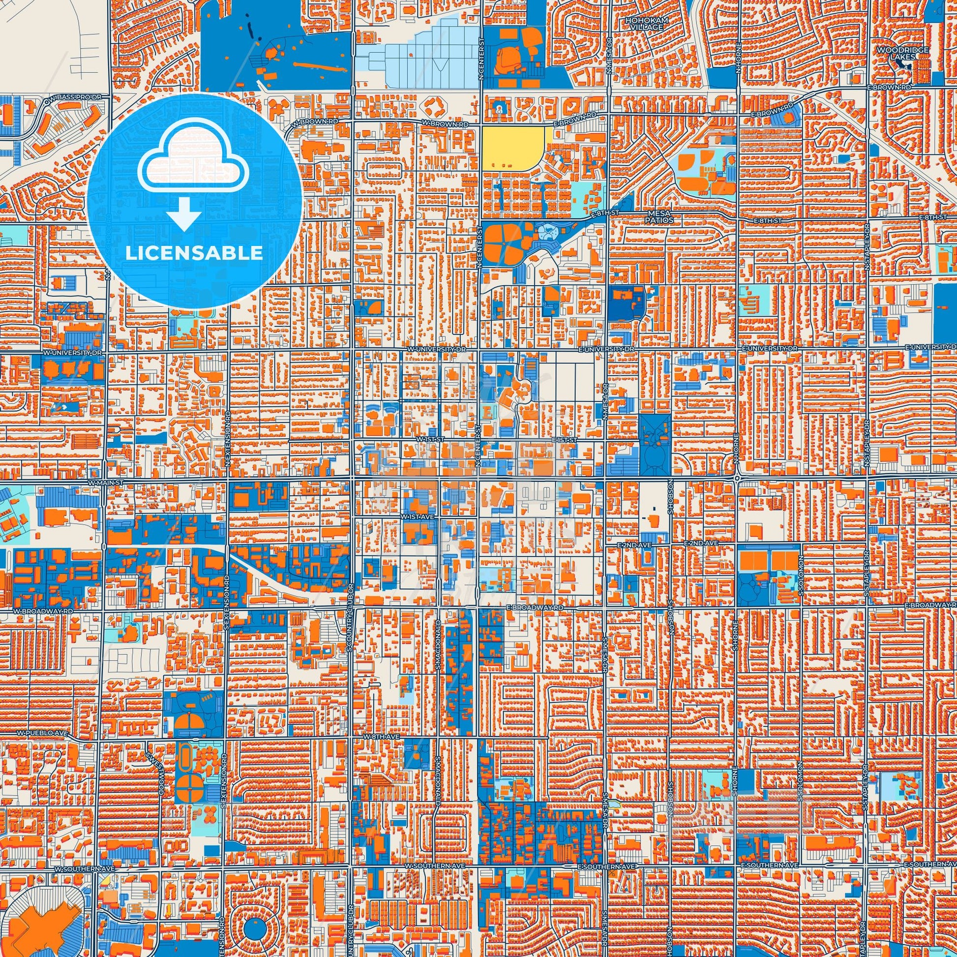 Colorful Mesa Street Map with Labels and Buildings