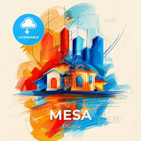 Vibrant Mesa, Arizona - A Painting Of A House And Buildings - Square format print template