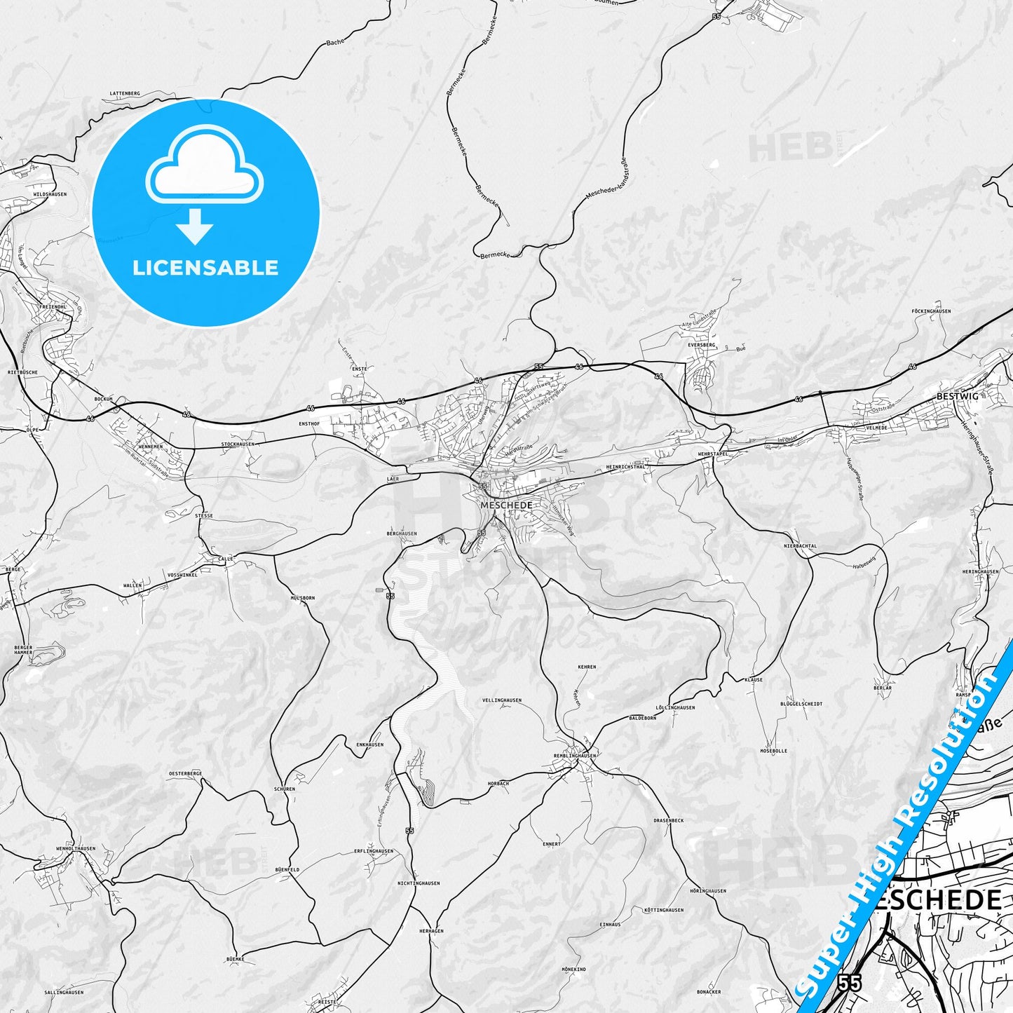 Meschede, Germany light map with streetnames, citynames and districts