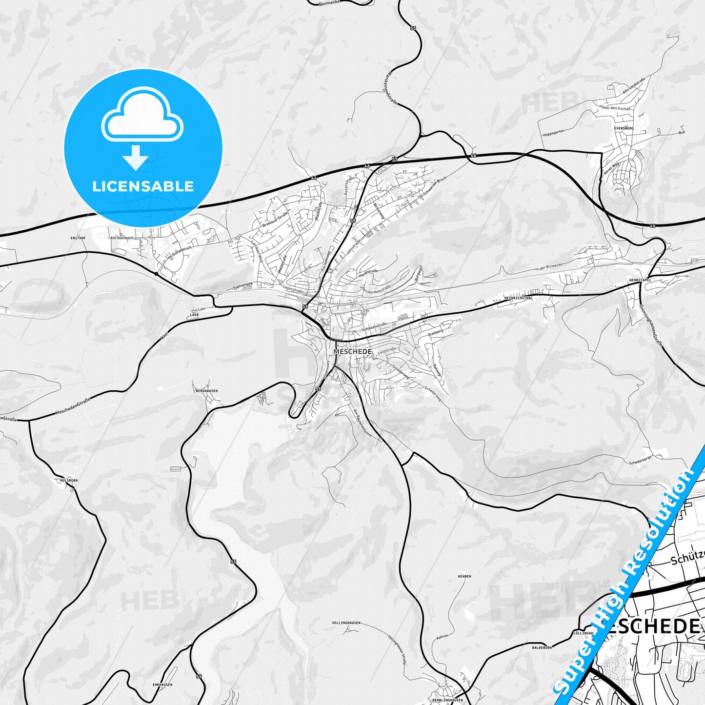 Meschede, Germany Light Map with Street Names, City Names, and Districts