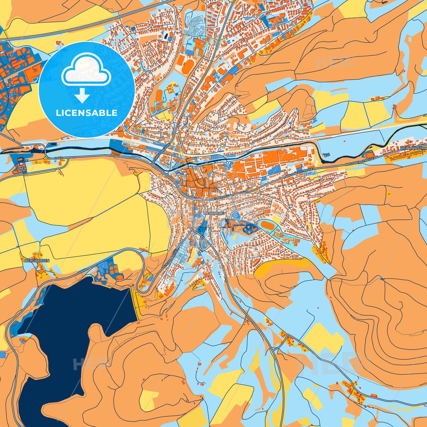 Colorful Meschede Street Map with Labels and Buildings