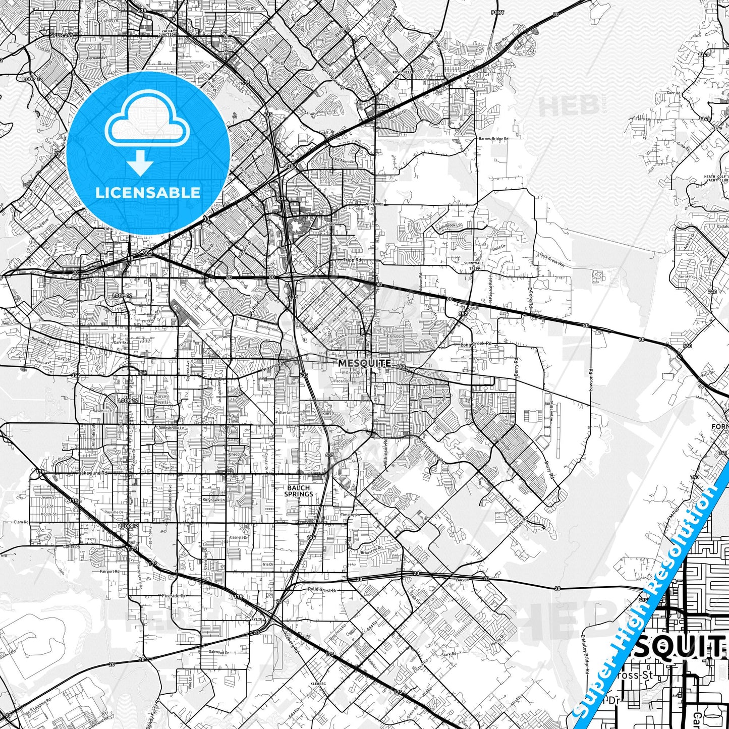 Mesquite, Texas light map with streetnames, citynames and districts