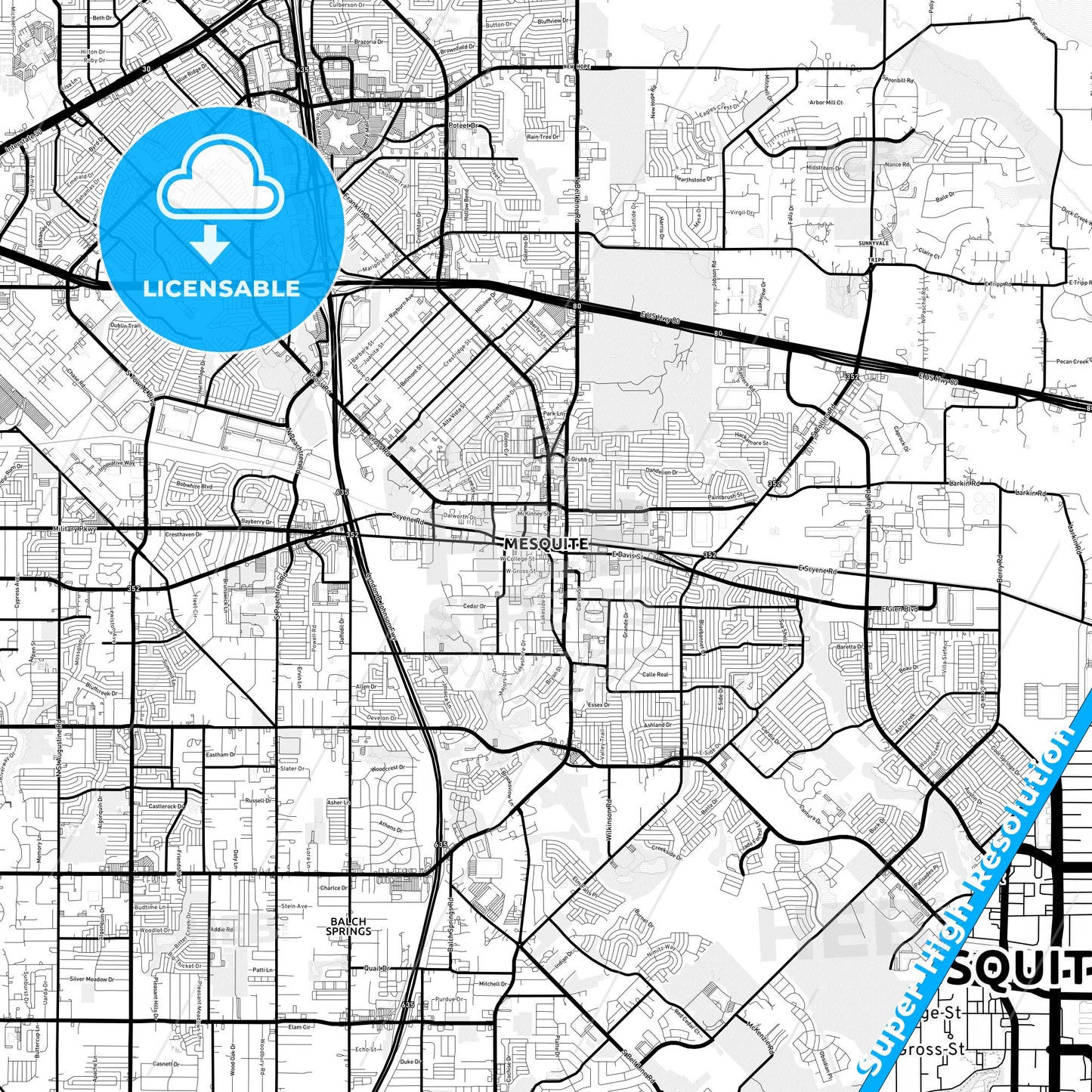 Mesquite, Texas Light Map with Street Names, City Names, and Districts