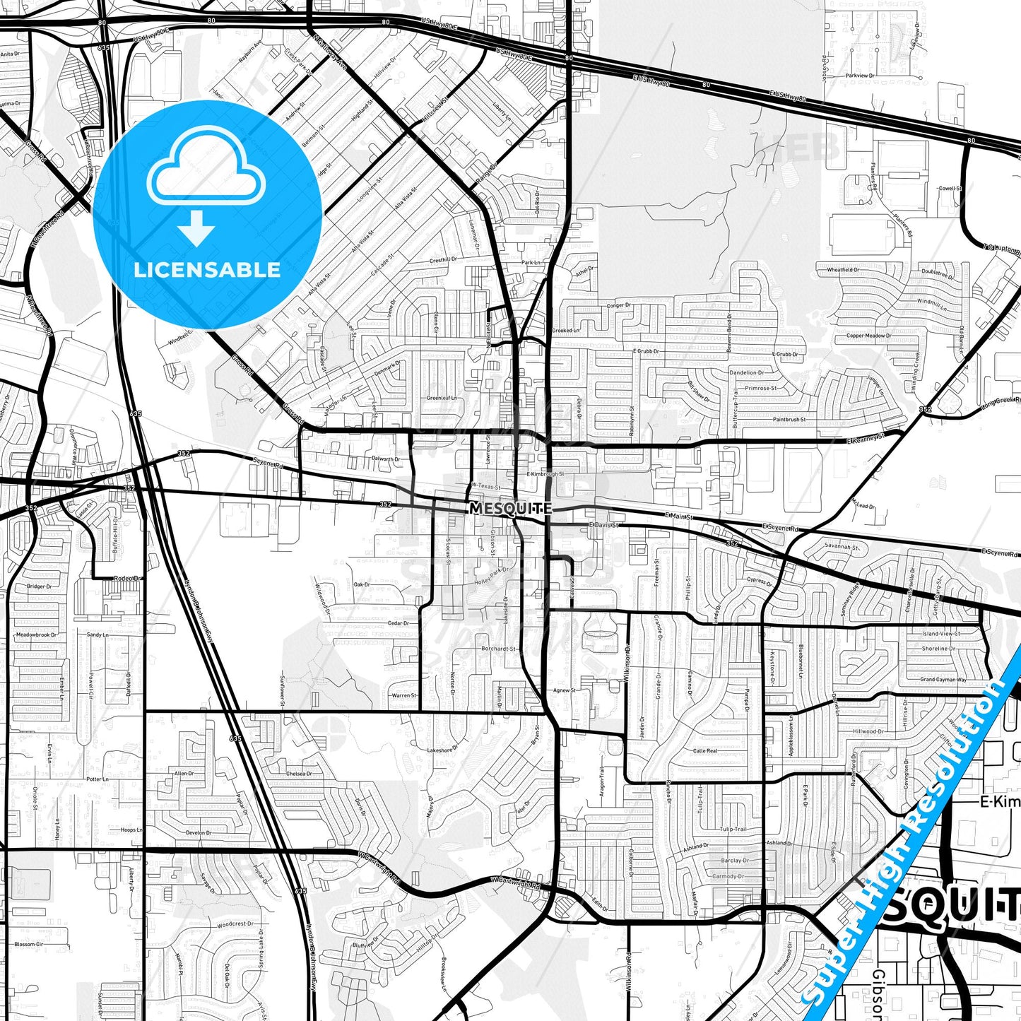 Mesquite, Texas Light Map with Street Names, City Names, and Districts