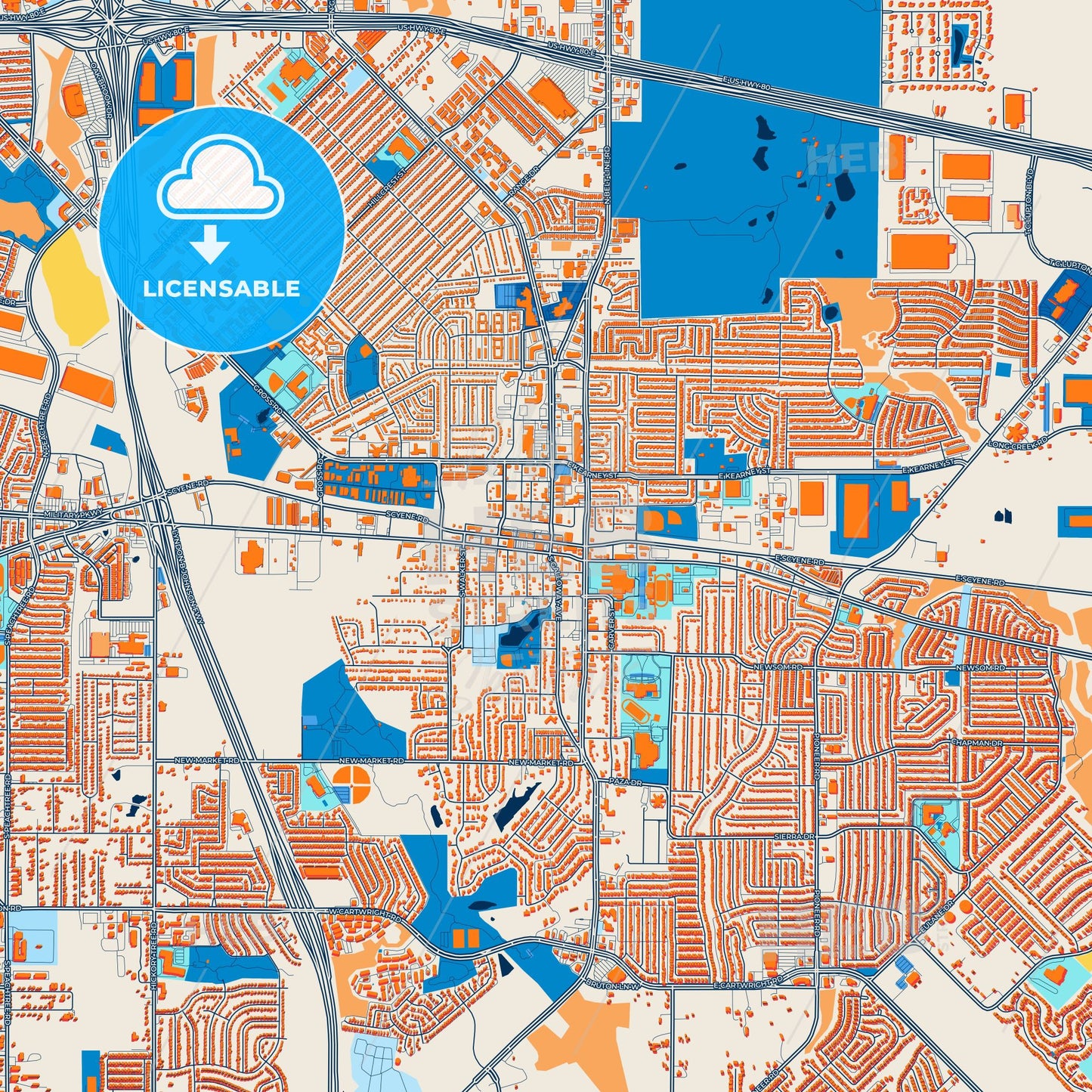 Colorful Mesquite Street Map with Labels and Buildings