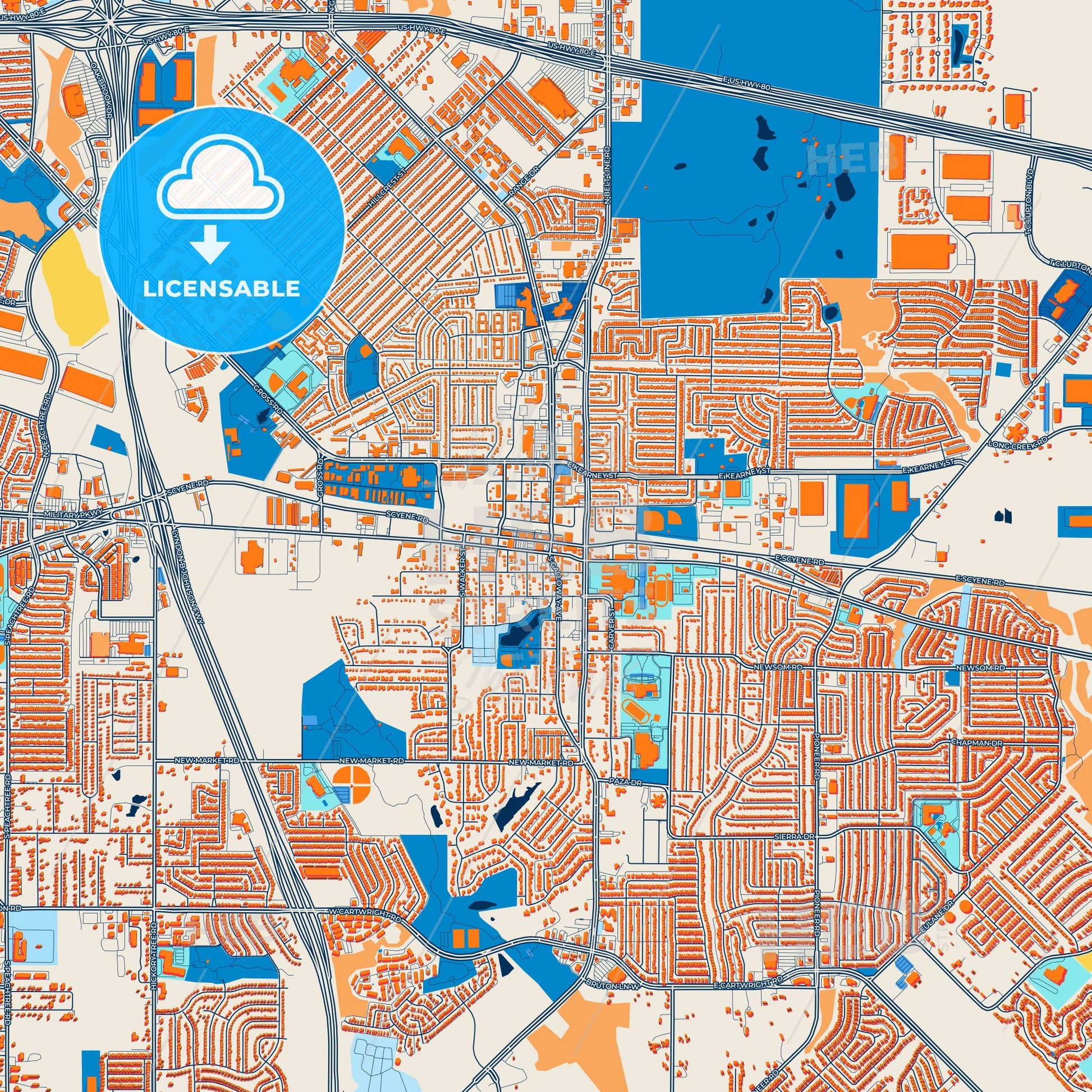 Colorful Mesquite Street Map with Labels and Buildings