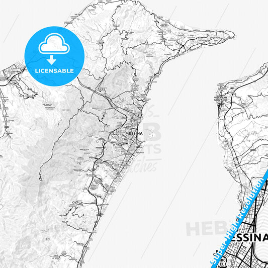 Messina, Italy light map with streetnames, citynames and districts