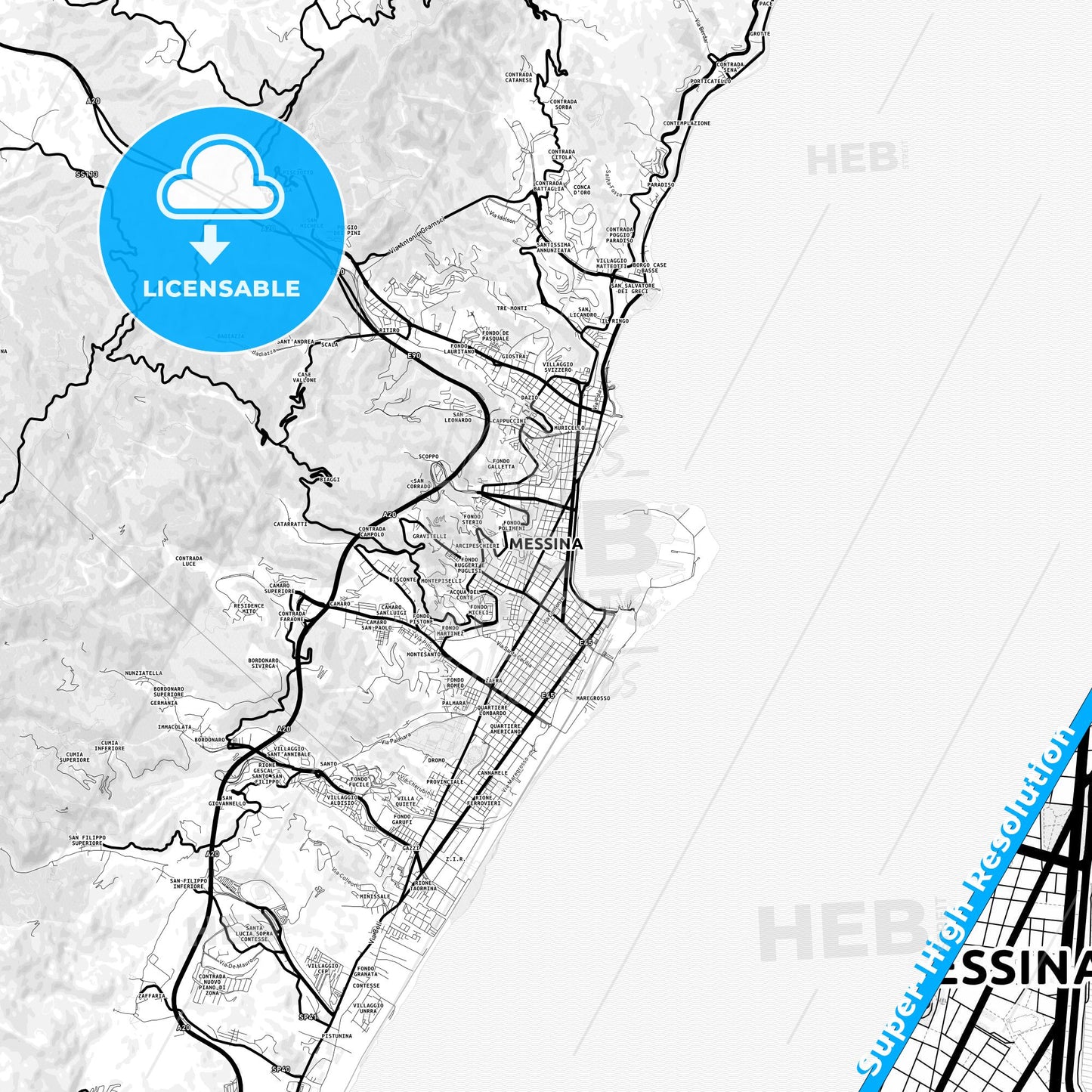 Messina, Italy Light Map with Street Names, City Names, and Districts