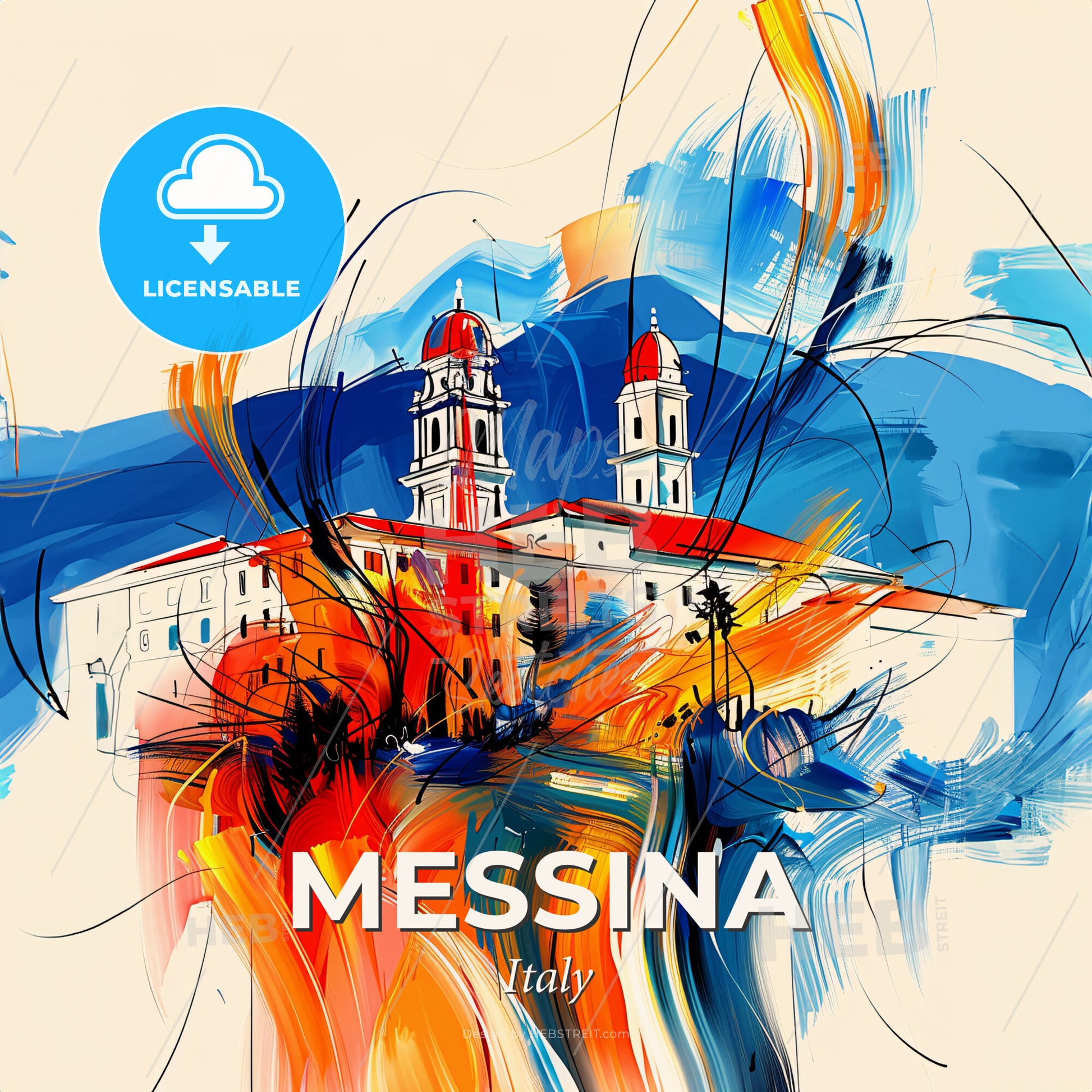 Vibrant Messina , Italy - A Painting Of A Building With A Tower And A Mountain In The Background - Square format print template