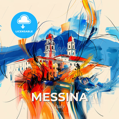 Vibrant Messina , Italy - A Painting Of A Building With A Tower And A Mountain In The Background - Square format print template