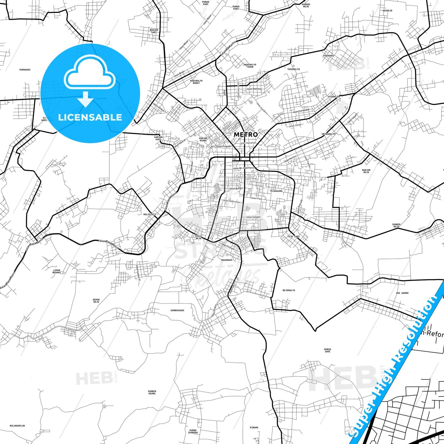 Metro, Indonesia Light Map with Street Names, City Names, and Districts