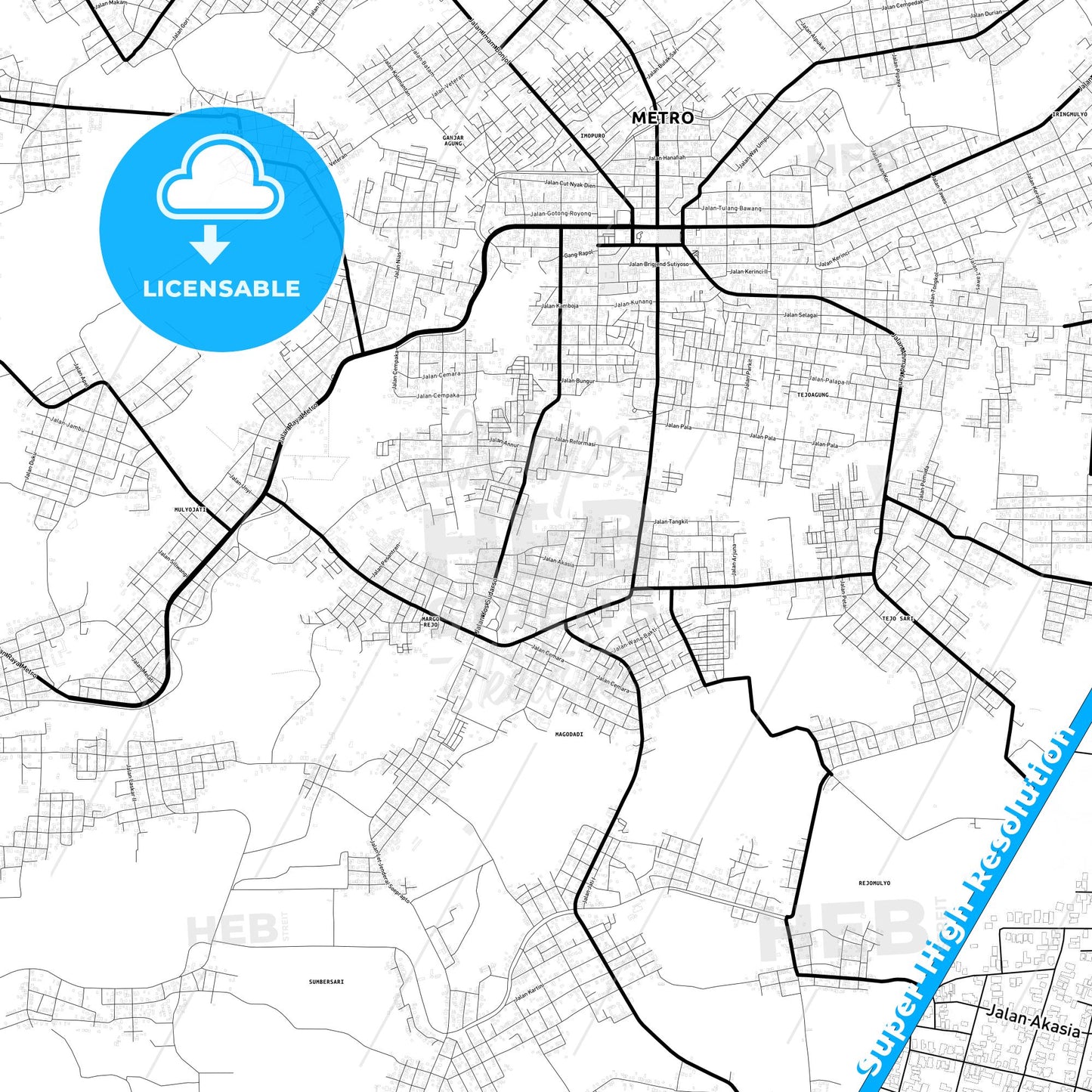 Metro, Indonesia Light Map with Street Names, City Names, and Districts