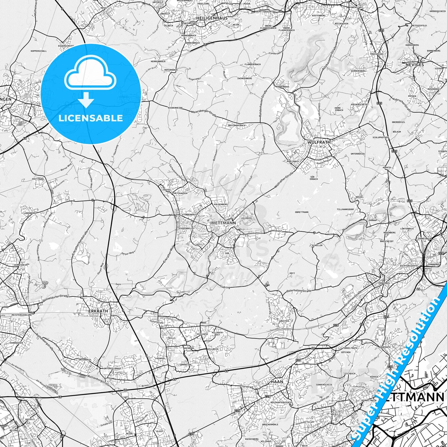 Mettmann, Germany light map with streetnames, citynames and districts