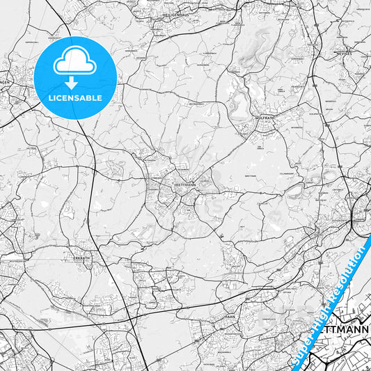 Mettmann, Germany light map with streetnames, citynames and districts
