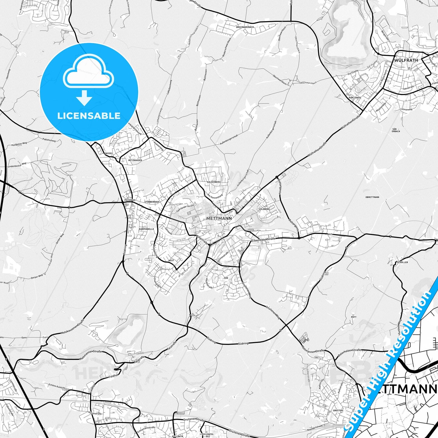 Mettmann, Germany Light Map with Street Names, City Names, and Districts
