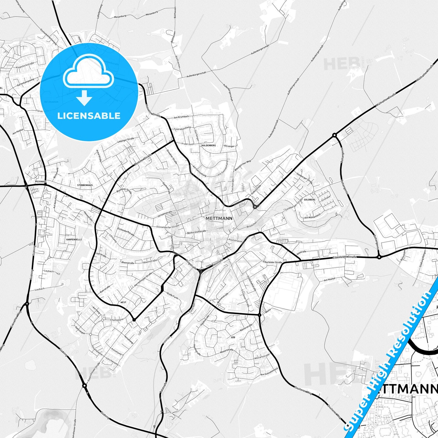Mettmann, Germany Light Map with Street Names, City Names, and Districts