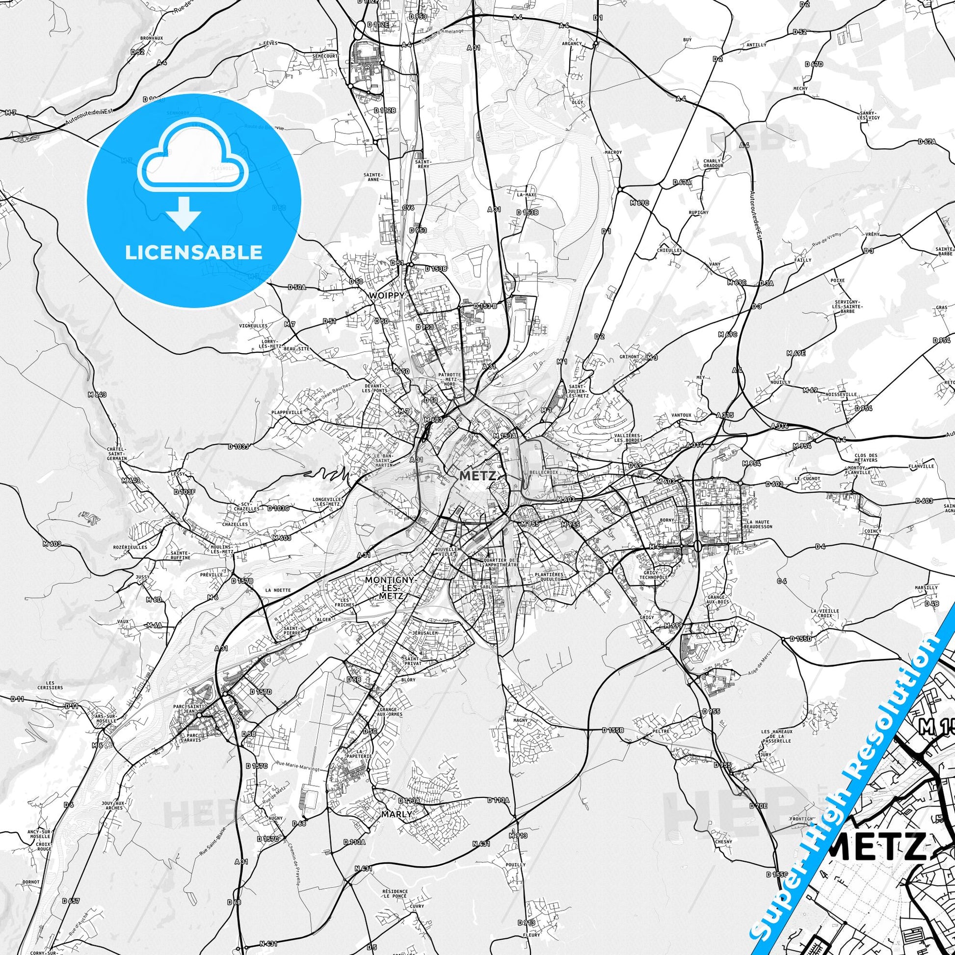 Metz, France light map with streetnames, citynames and districts