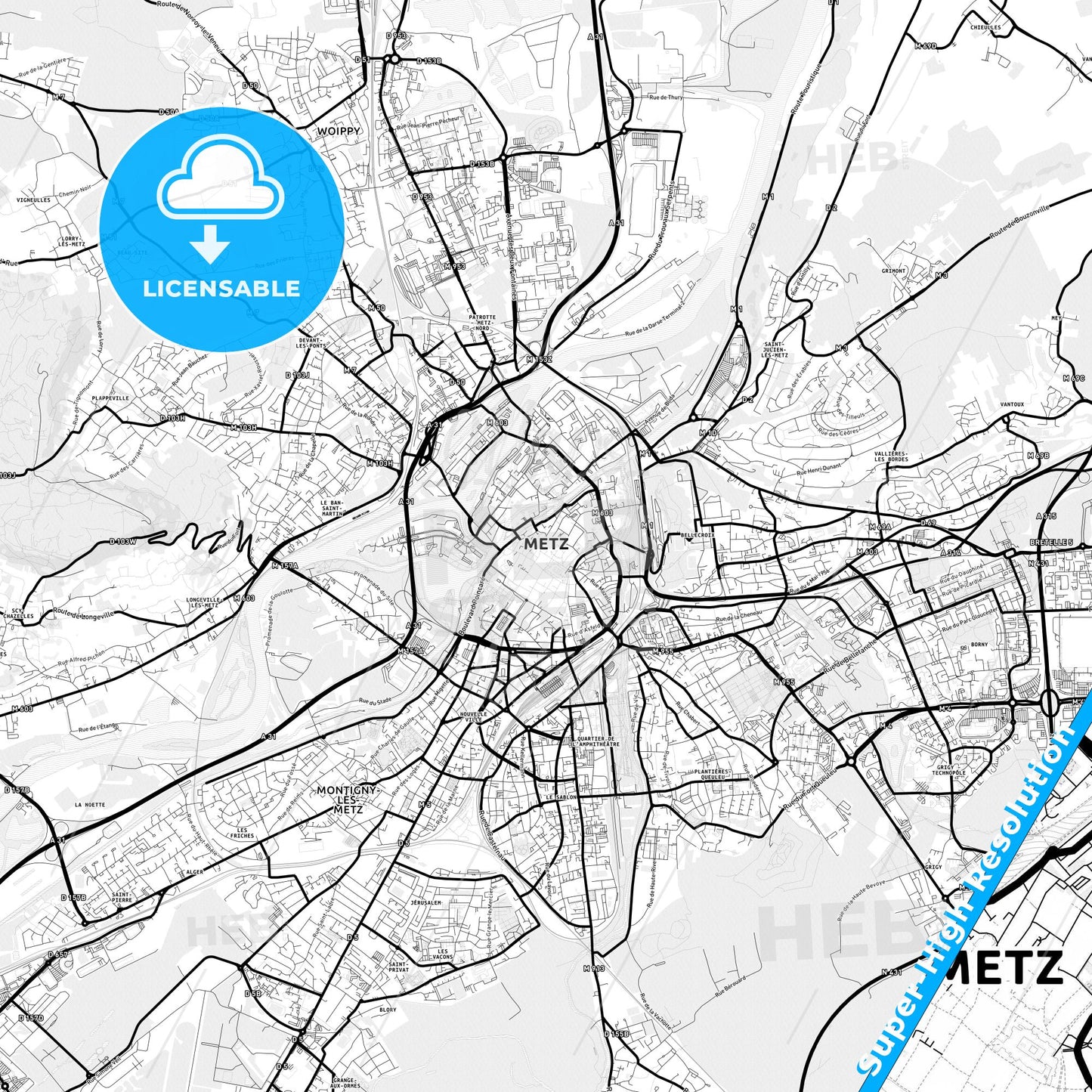 Metz, France Light Map with Street Names, City Names, and Districts