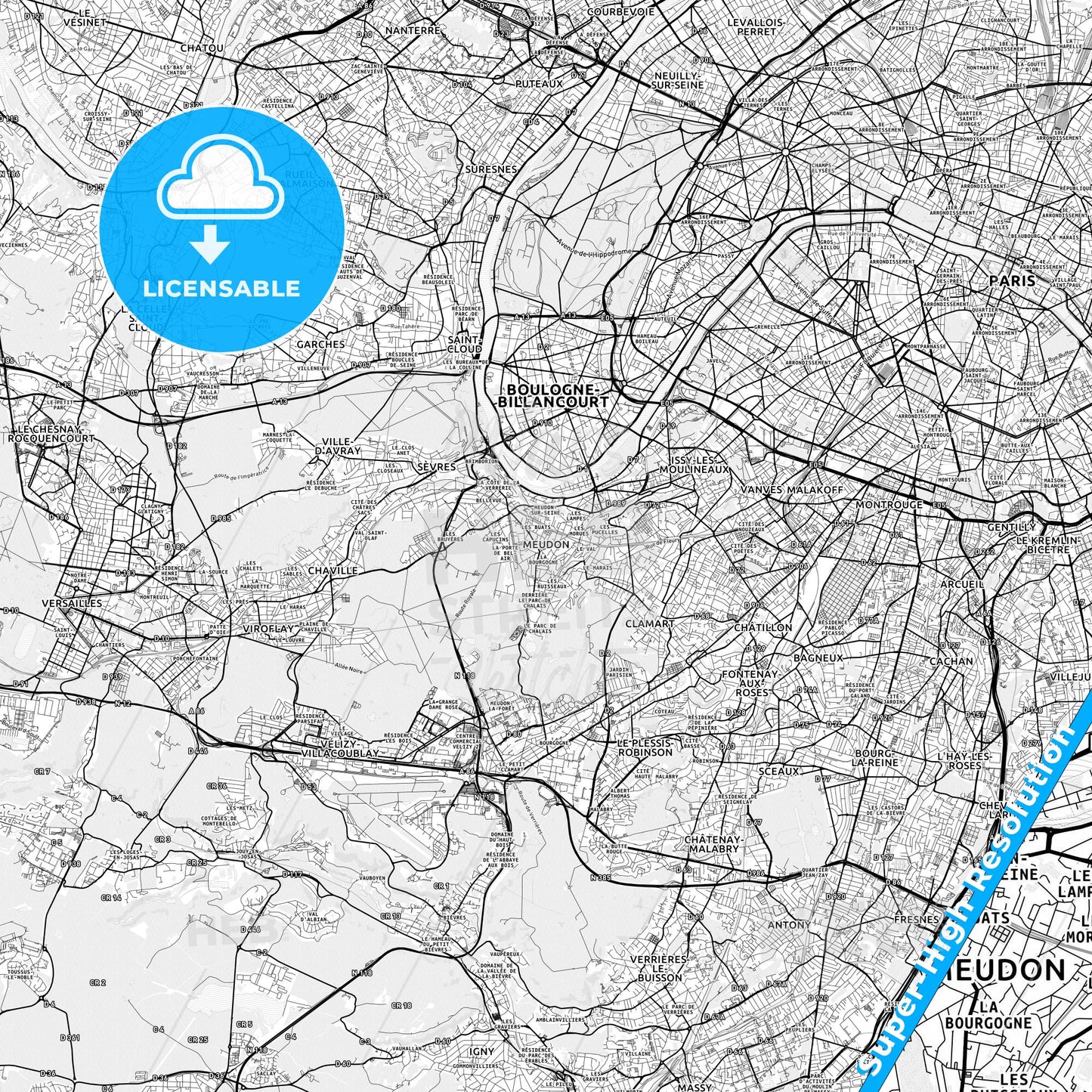 Meudon, France light map with streetnames, citynames and districts