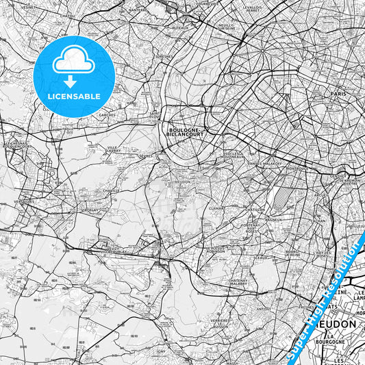 Meudon, France light map with streetnames, citynames and districts