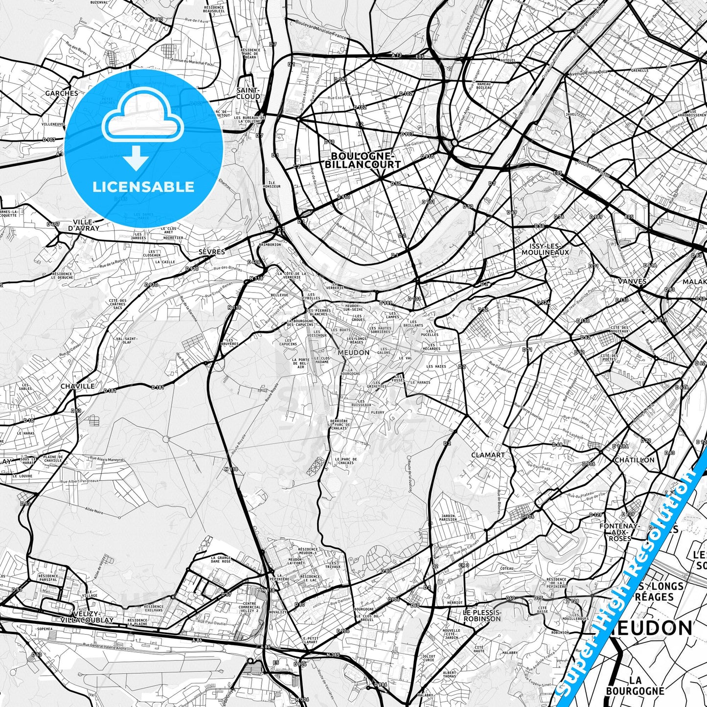 Meudon, France Light Map with Street Names, City Names, and Districts