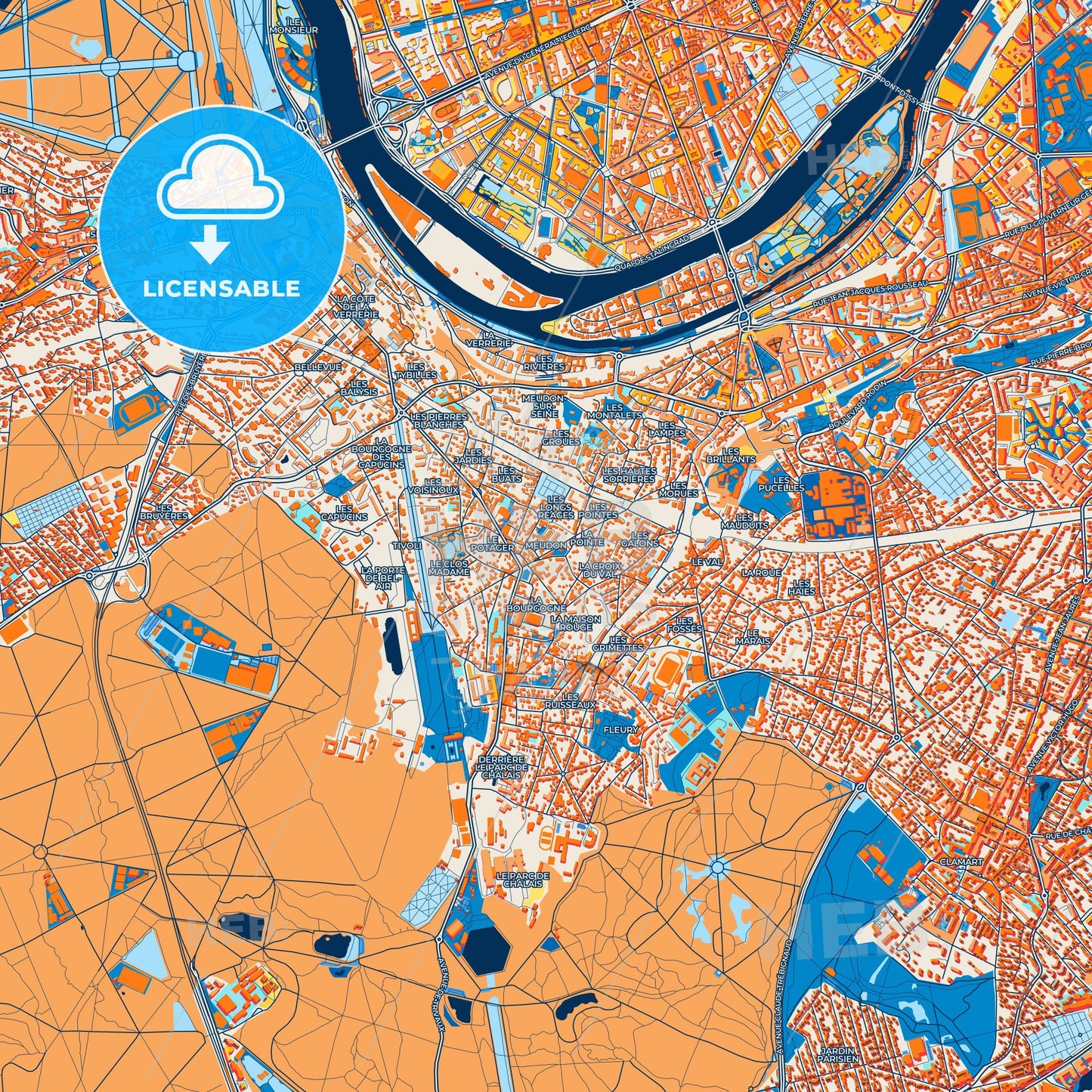 Colorful Meudon Street Map with Labels and Buildings
