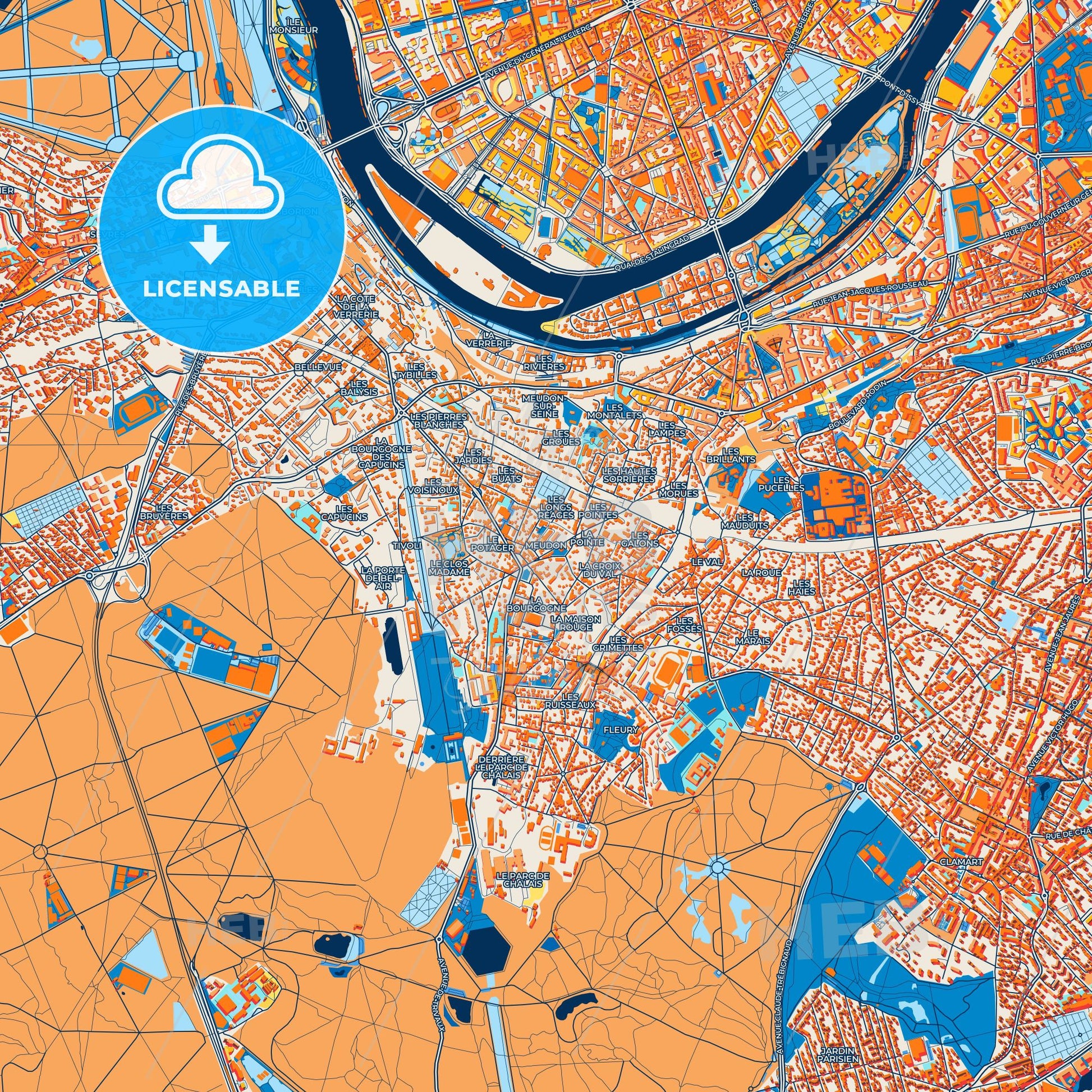 Colorful Meudon Street Map with Labels and Buildings