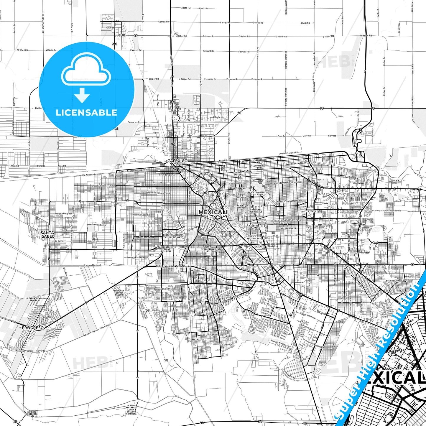 Mexicali, Mexico light map with streetnames, citynames and districts