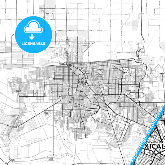 Mexicali, Mexico light map with streetnames, citynames and districts