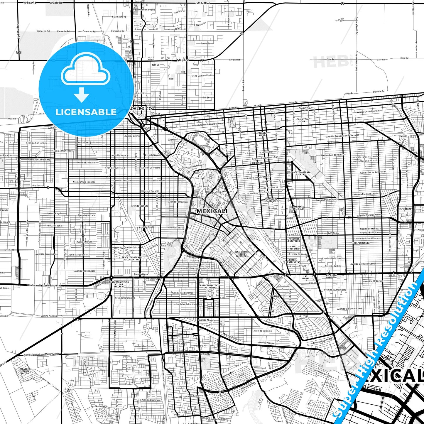 Mexicali, Mexico Light Map with Street Names, City Names, and Districts