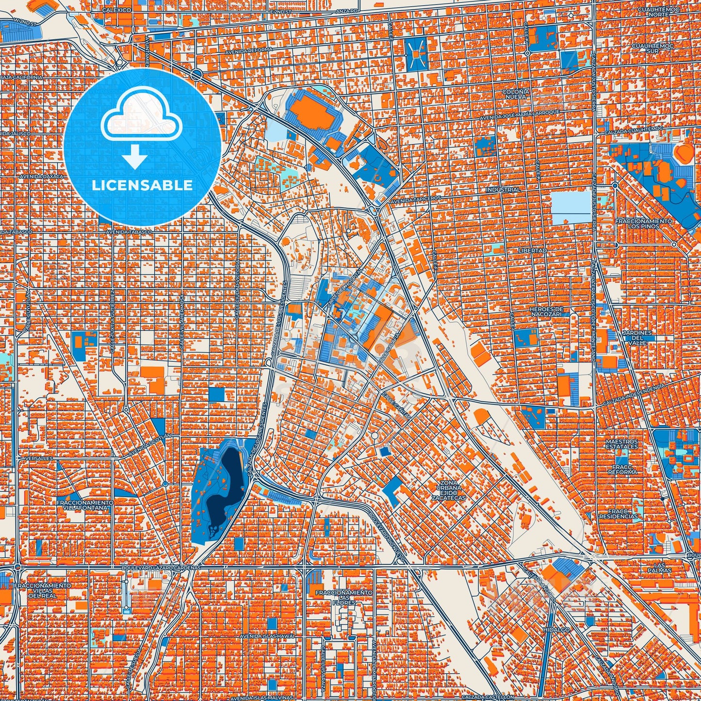 Colorful Mexicali Street Map with Labels and Buildings