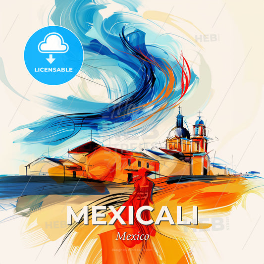 Vibrant Mexicali, Mexico - A Painting Of A Building And A Church - Square format print template