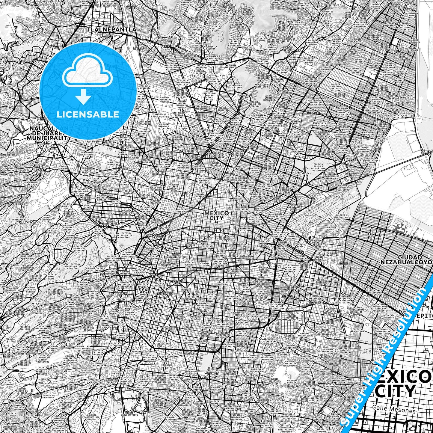Mexico City, Mexico light map with streetnames, citynames and districts