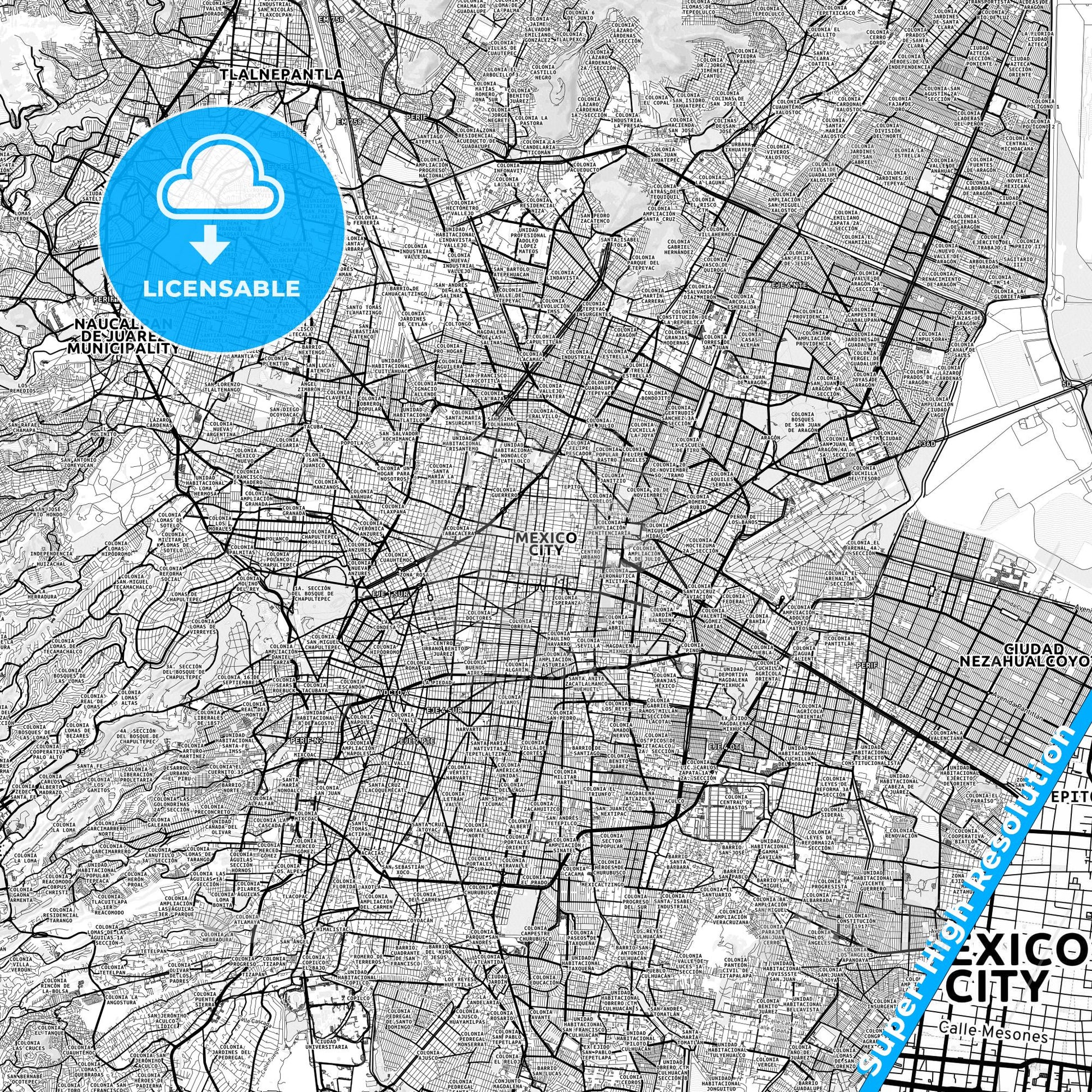Mexico City, Mexico light map with streetnames, citynames and districts