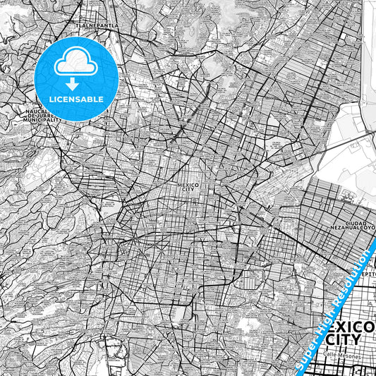 Mexico City, Mexico light map with streetnames, citynames and districts