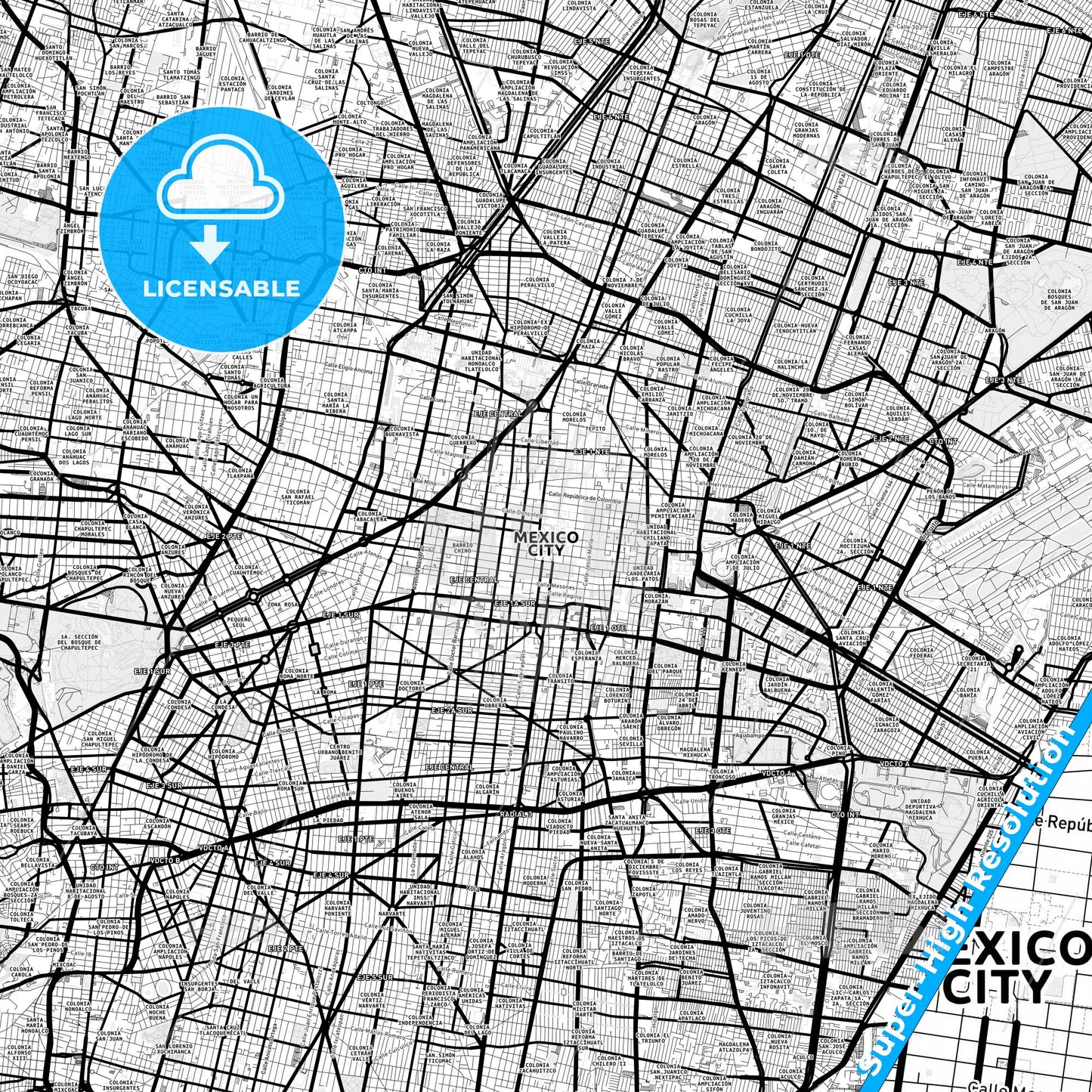 Mexico City, Mexico Light Map with Street Names, City Names, and Districts