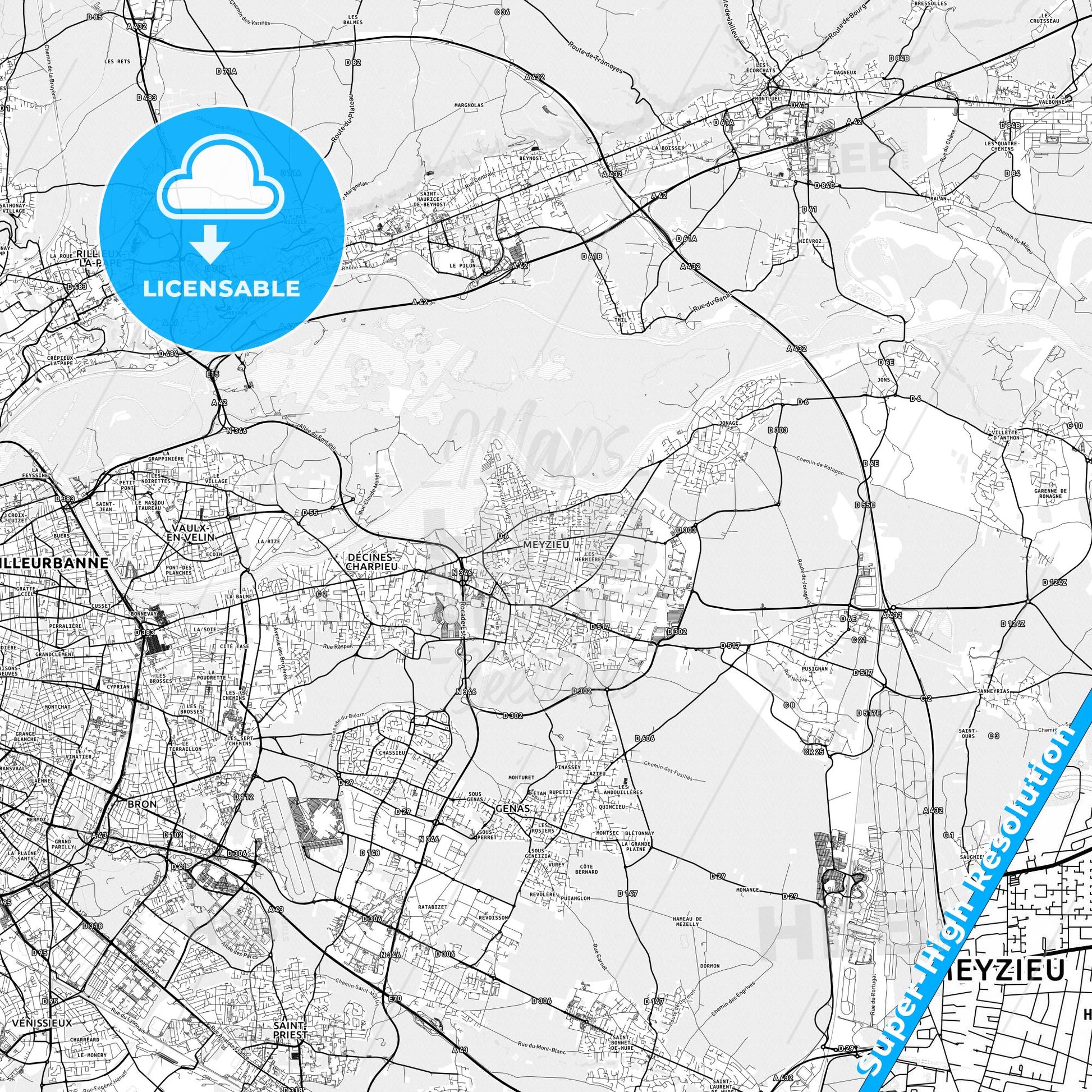 Meyzieu, France light map with streetnames, citynames and districts