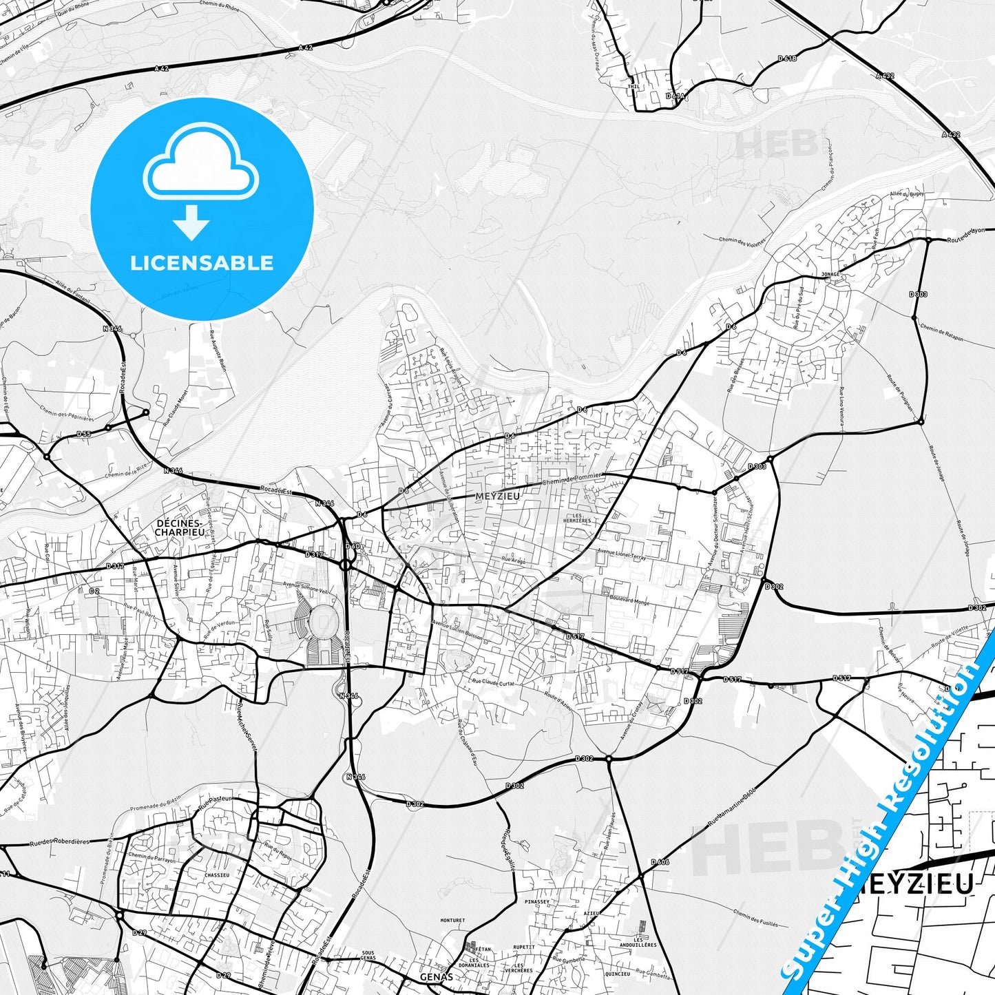 Meyzieu, France Light Map with Street Names, City Names, and Districts