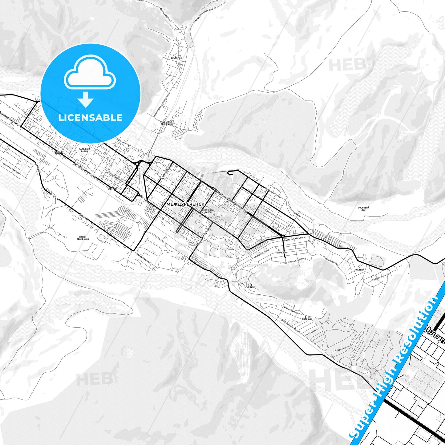 Mezhdurechensk, Russia Light Map with Street Names, City Names, and Districts
