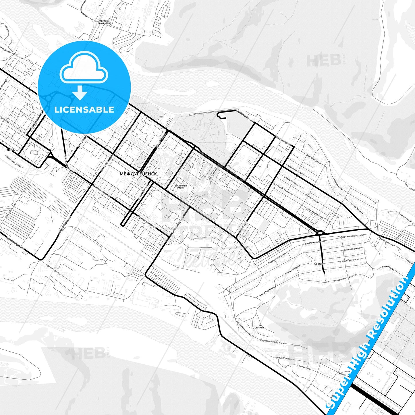 Mezhdurechensk, Russia Light Map with Street Names, City Names, and Districts