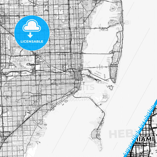Miami, Florida light map with streetnames, citynames and districts