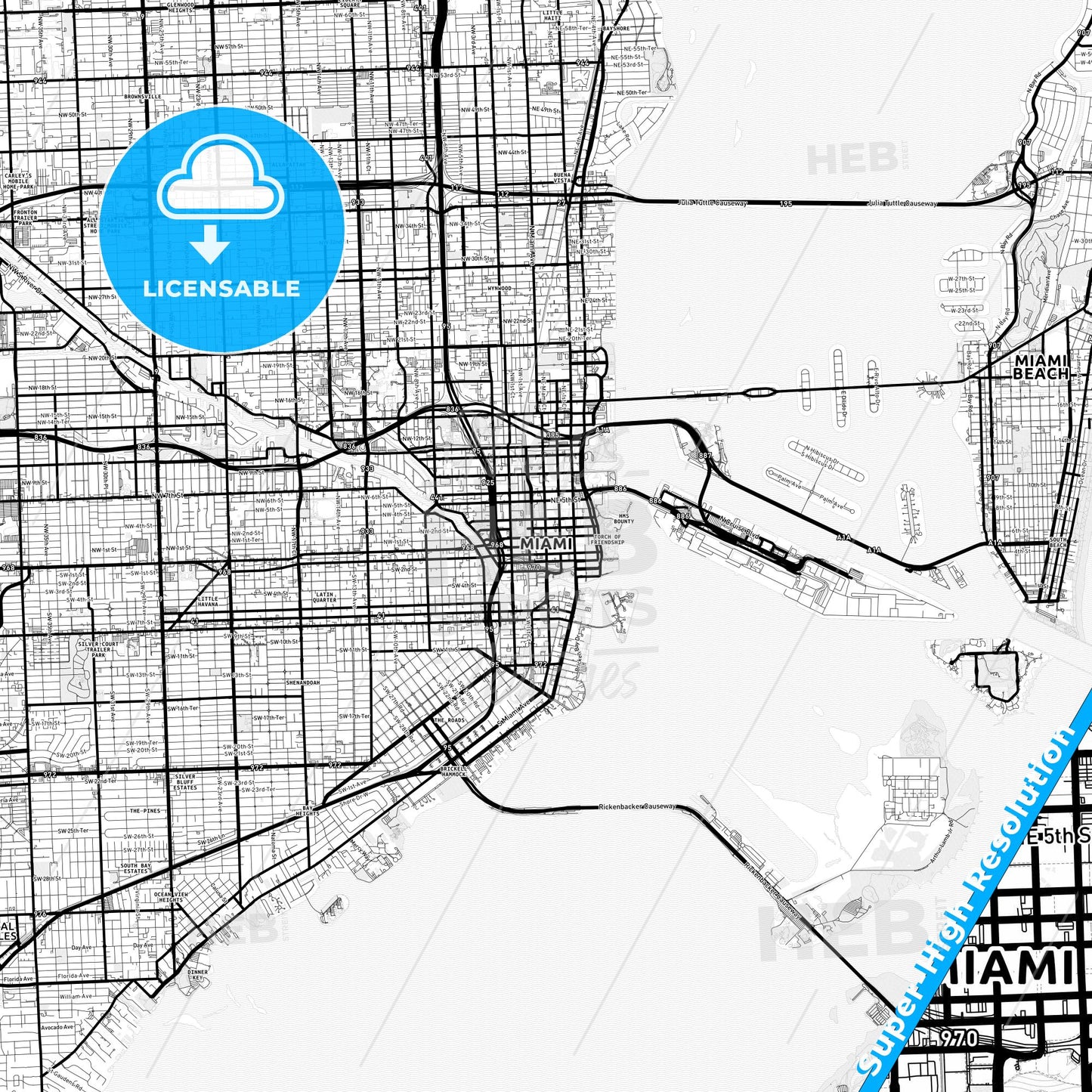 Miami, Florida Light Map with Street Names, City Names, and Districts