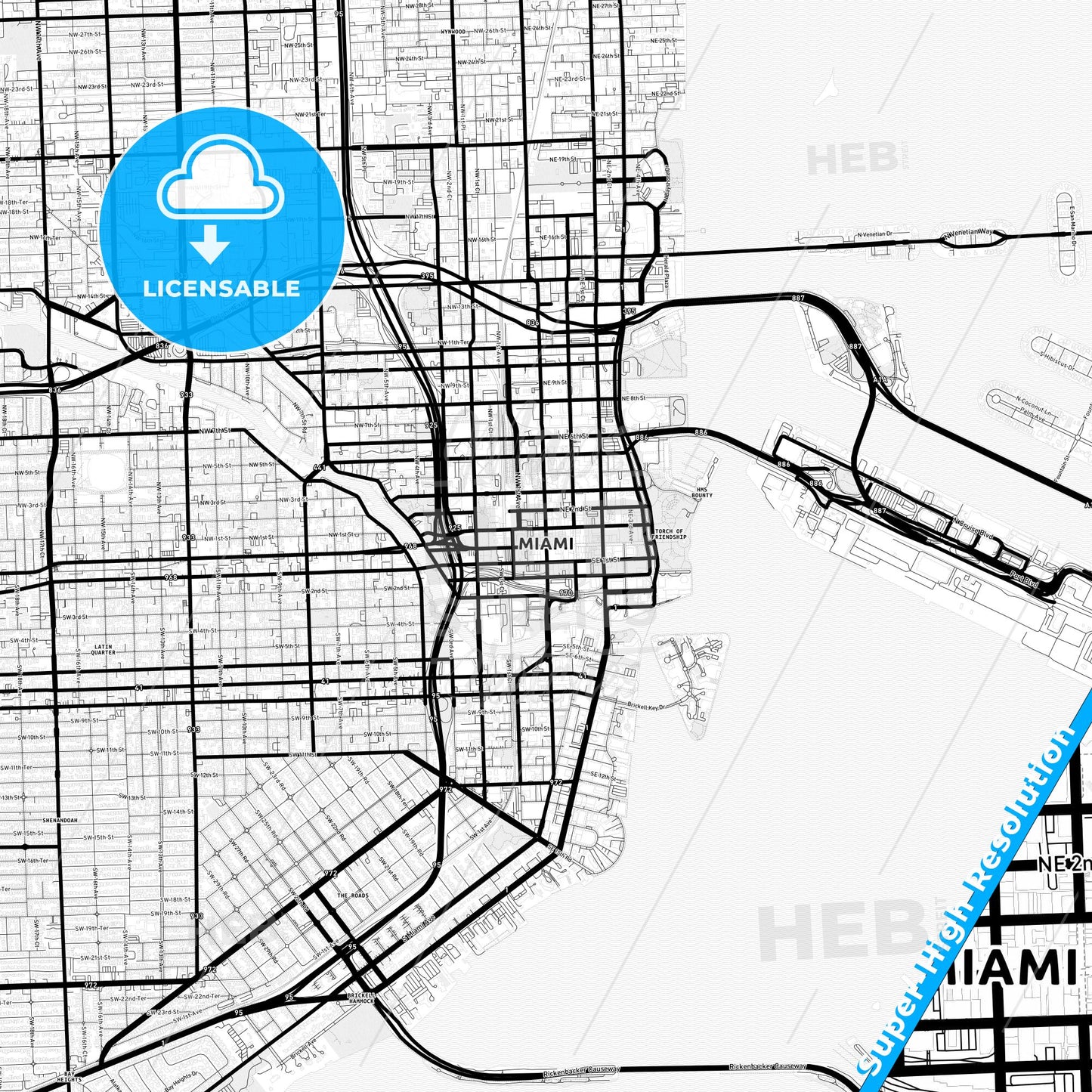 Miami, Florida Light Map with Street Names, City Names, and Districts
